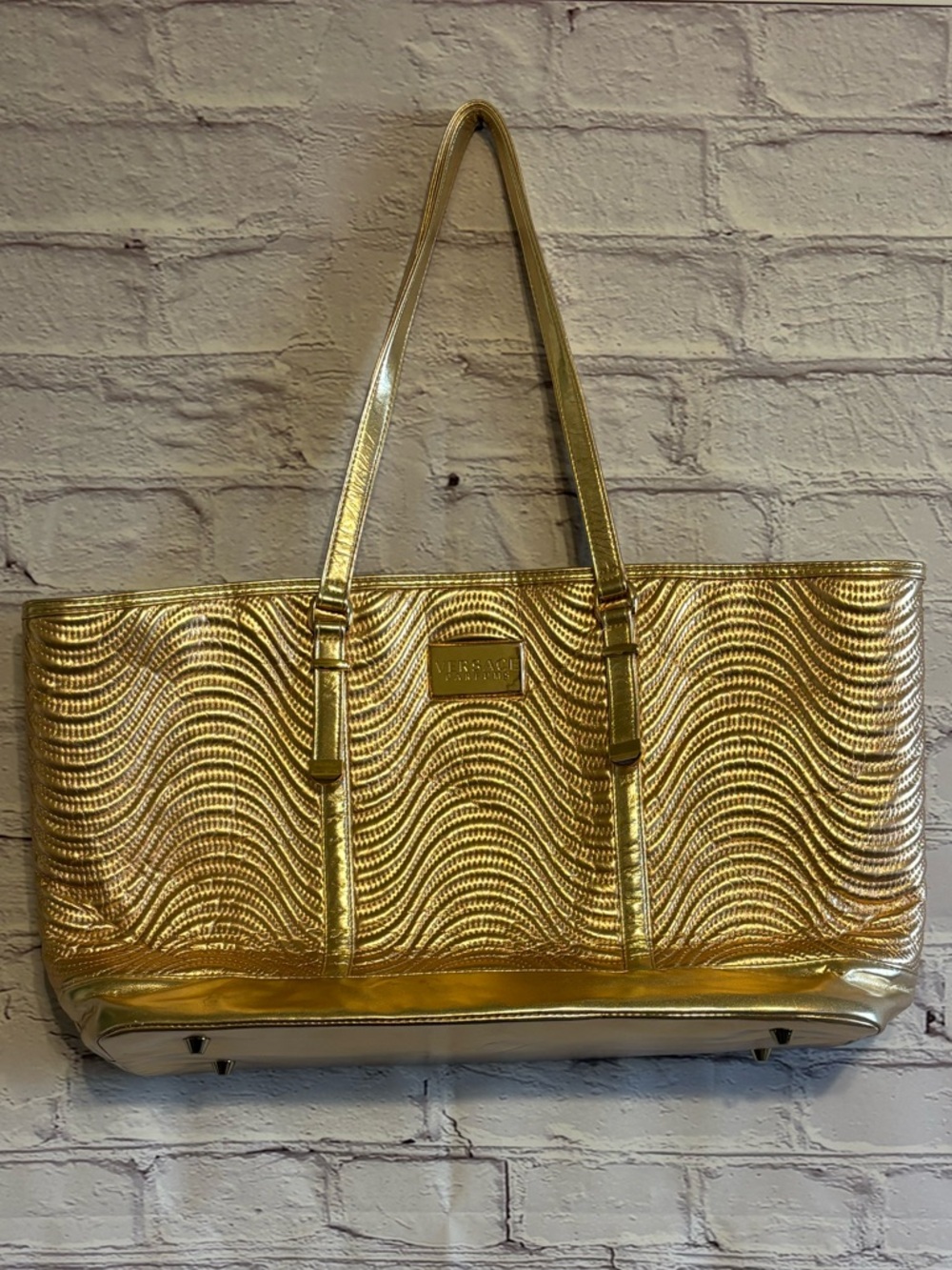 Versace Parfums Shimmery Gold Wave-Texture Tote Bag - Picture 2 of 13